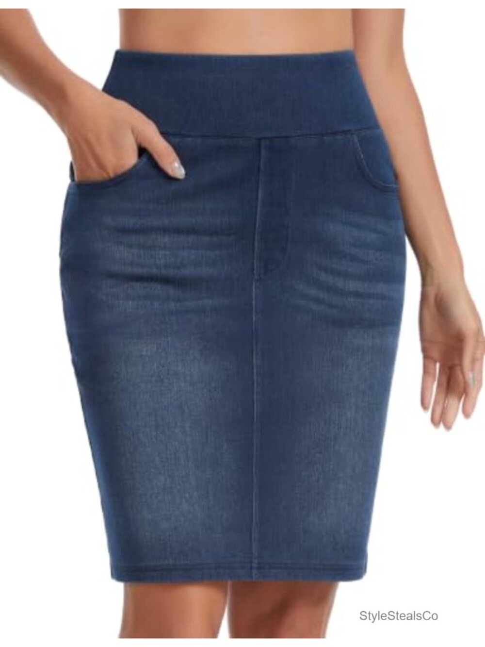High Waist Stretch Denim Pencil Skirt Knee Length Slit Pockets